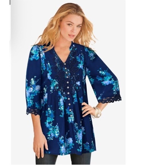 Women's Boho Floral Lace Crochet Trim Blue Tunic Shirt Size 24W Coastal Casual - Picture 2 of 10